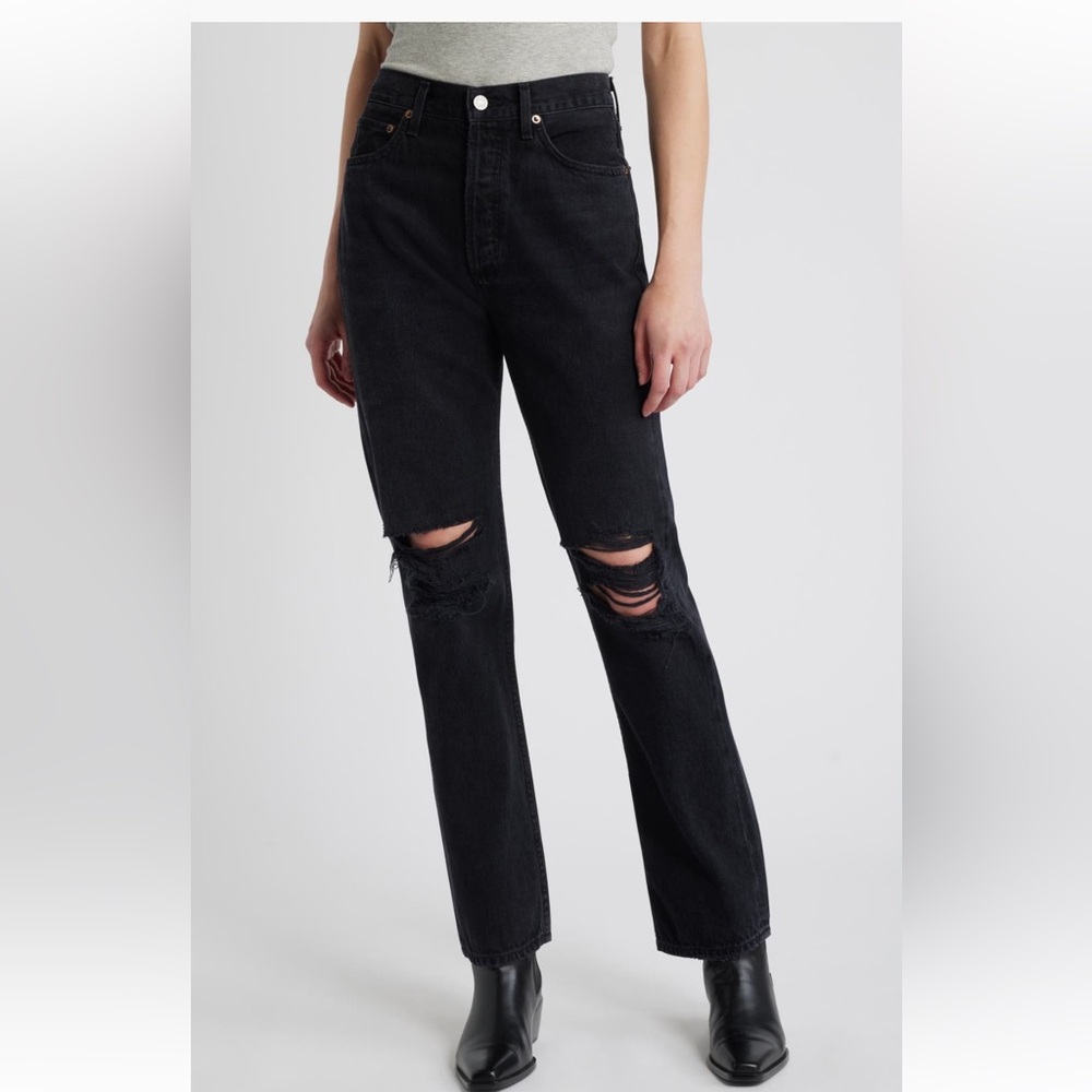 Agolde 90’s pinch waist high rise straight leg distressed Charcoal Denim Jeans